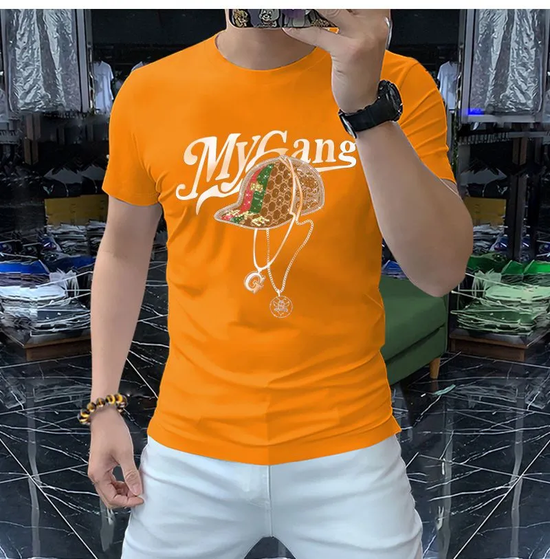 Moda de ver￣o T-shirts de jovens de estilo europeu estilo quente lantejoulas mercerizadas m￩rices fit redond round short sheeved t-shirt tend￪ncia masculina size pluz size light tees 4xl