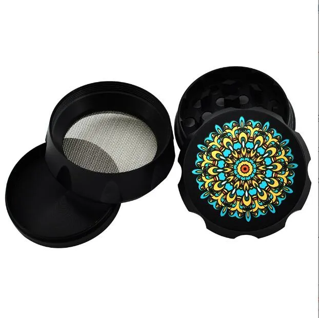 New drum 55mm zinc alloy color print pattern smoke Grinder four layer flat plate Grinder