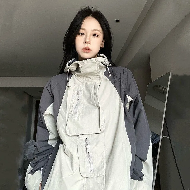 여자 재킷 Houzhou 빈티지 야외 재킷 여성 Y2K 스트리트웨어 방수 오버 크기의 가을 후드하라 주쿠 윈드 브레이커 코트 한국 패션 230222