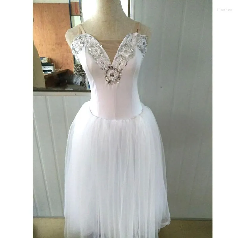 Stage Wear White Romantic Ballet Tutu Veil Rehearsal Practice Dress Swan Lake Costumes For Women Long Tulle With Puffy Sleeve