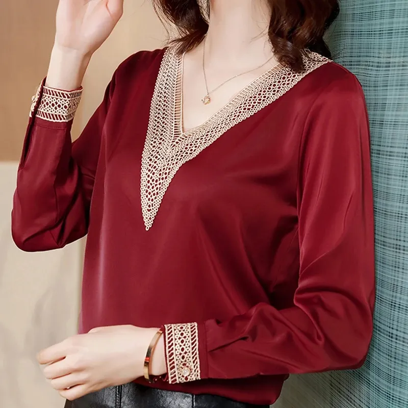 Bluzki żeńska bluzka z długim rękawem kobiety Blusas Mujer de Moda 2023 Elegantes V-dnika szyfonowa bluzka