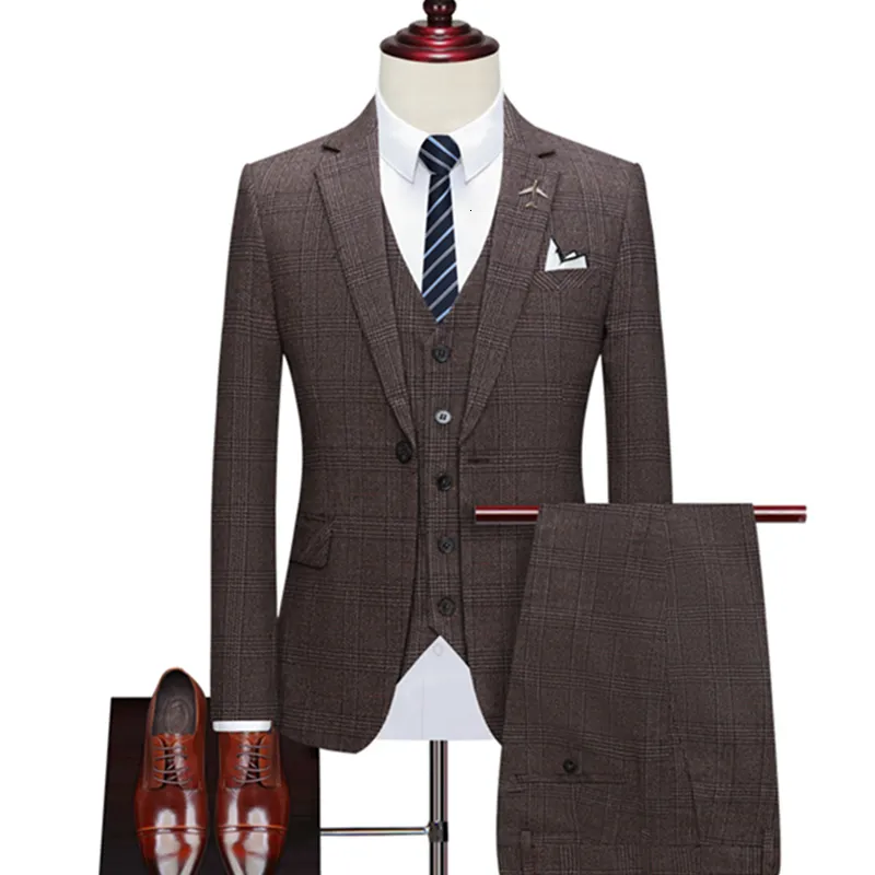Mens Suits Blazers Terne Casal Colet Pants 3 PCs Definir Boutique Casual Business Business British Style Style Plaid Jacket TrousherCoat 230222