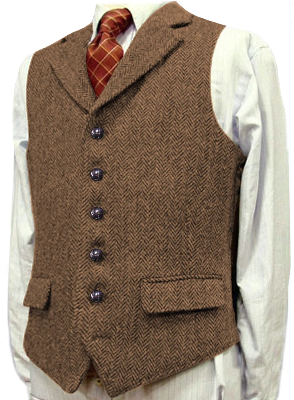 Mäns västar Wool Tweed Slim Fit Leisure Cotton Suit Bourgogne Vest Gentleman Herringbone Business Brown Waistcoat For Wedding Groom 230222