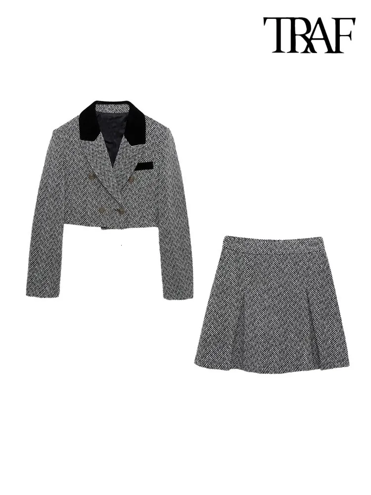 Deux pièces robe TRAF femmes mode Patchwork sergé recadrée Blazer manteau et taille haute dos fermeture éclair femme jupes ensembles Mujer 230222