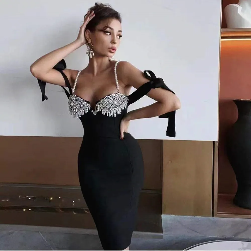 Siyah Elmaslar Bandaj Balo Elbiseleri Spagetti kayış diz uzunluğu parti elbisesi kılıf bodycon kadın gece kulübü giyim