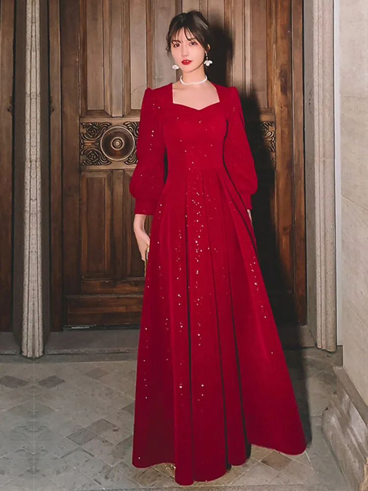 Party Dresses Women Evening Dresses Long Sleeve Elegant Square Collar Red Sequins Simple Prom Party Dress Long A-line Formal Vestidos 230222