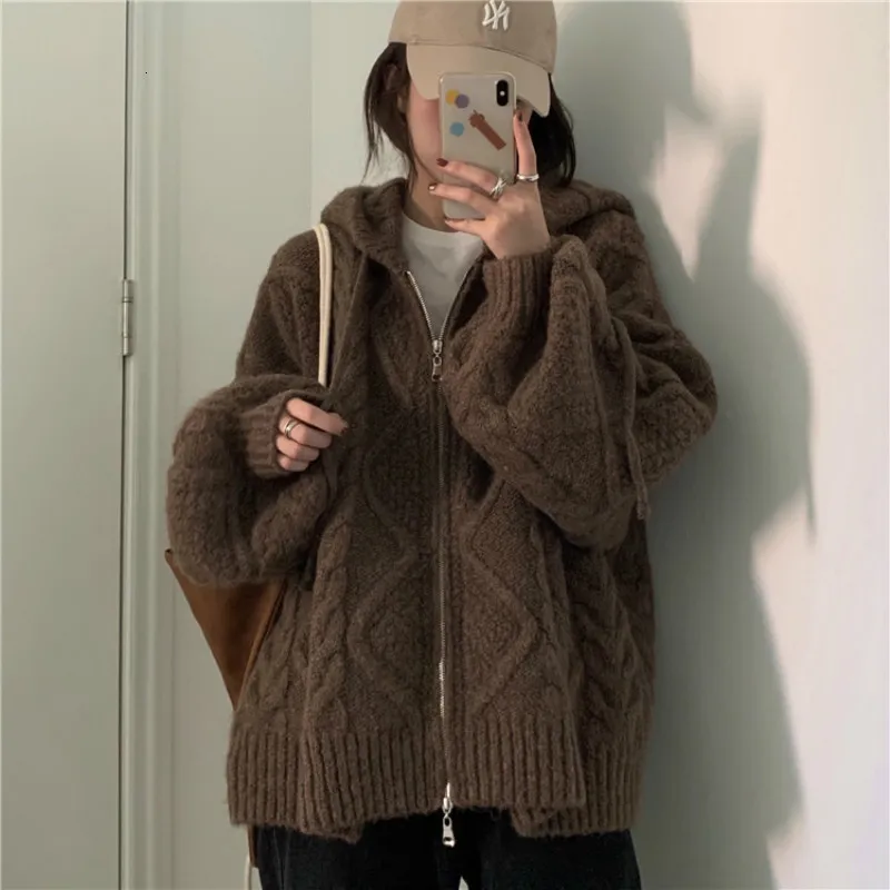 Kvinnors tröjor Kvinnor Autumn Winter Oversize Sticked Cardigan Casual Hooded Twist Sweater dragkedja långärmad virka ytterkläder 230222