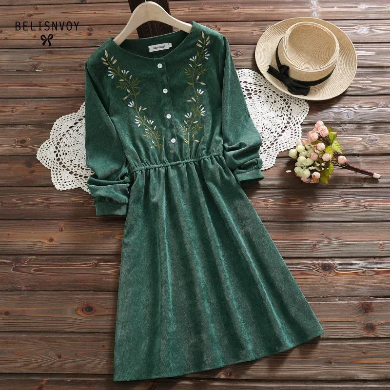 Casual Dresses Mori Girl Vintage Corduroy Women Shirt Dress Floral Embroidery Elegant Autumn Winter Dresses Midi Dresses For Year 230222