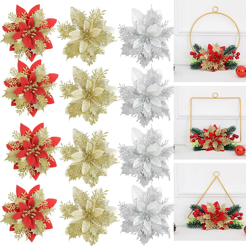 Decorative Flowers Wreaths 10Pcs Christmas Glitter Artificial Flowers Red Gold Xmas Tree Ornaments Big Flower Heads For Home Year Navidad Party Decor 230221