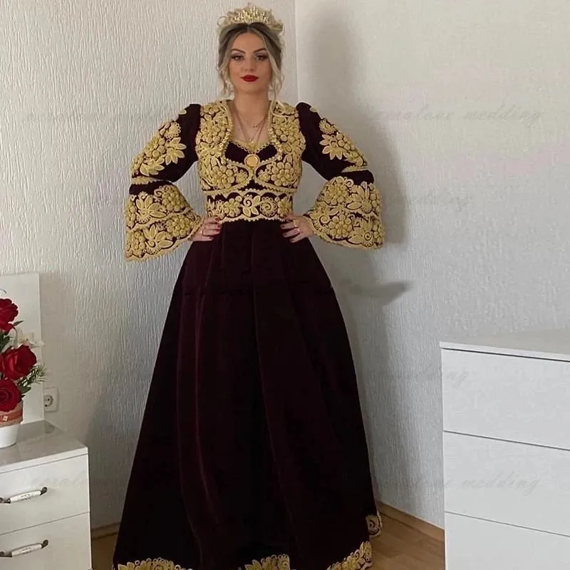 Burgundy Velvet Kosovo Kaftan Evening Dress With Applique Detailing