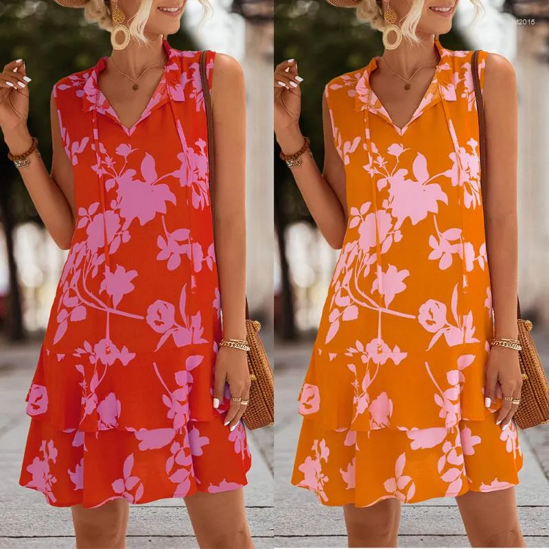 Vestidos casuais primavera e verão 2023 feminino mangas de renda boêmia saia estampada floral