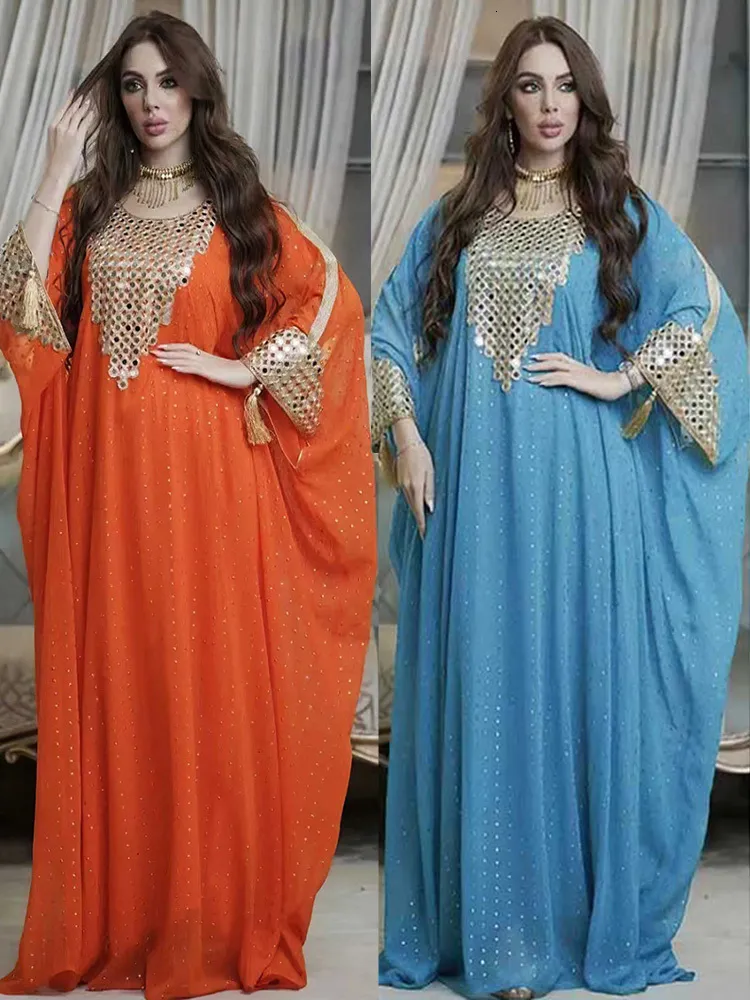 Etniska kläder Turkiet Muslim Abaya Women Dress Set 2 Piece Chiffon Sequin Bat Hylsa överdimensionerade klänningar Dubai Turkiet Arab Marocko Caftan 230222