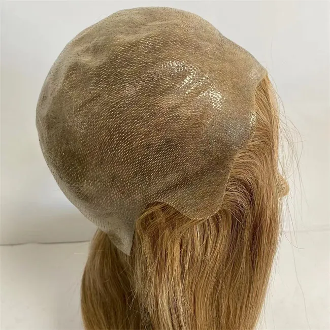 Cabelo humano virgem mongol, sedoso, reto, 130% de densidade, pele fina, perucas médicas, loiro mel, 27 #, peruca pu completa para mulher branca