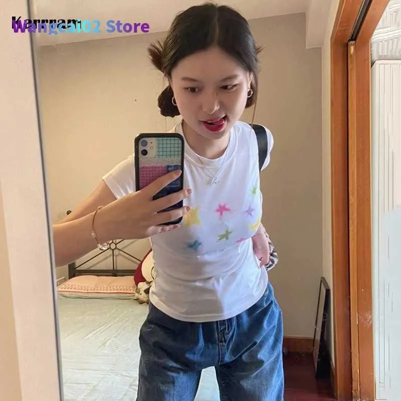 Kadın T-Shirt Karram Japon Kawaii T-Shirt 00S Harajuku Beyaz Gövde Masası Y2K Üstler Sevimli Yıldız Baskı Kısa Kol Tshirt E-Girl 2000S 022223H