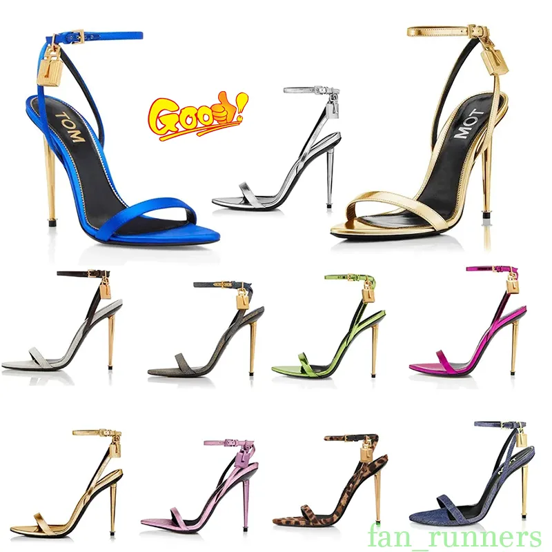 Tom-fords-heel Elegant Brand Women Shoes Padlock Pointy Naked Sandals Shoes Hardware Lock and key Woman Metal Stiletto Heel Party Dress Wedding EU35-42