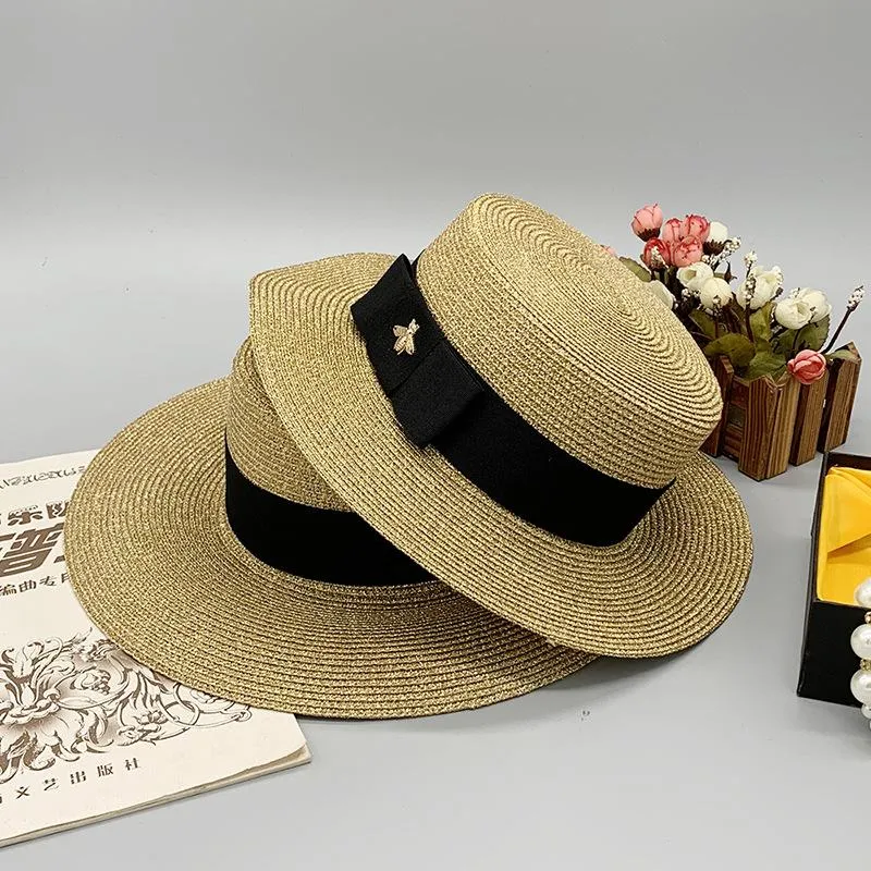 Czarno-mody tkany z szerokim rondem kapelusz słoneczny Summer Kobiet pszczoły szeroką czapkę rodzic-dziecko płaskie wizjot tkane słomkowe kapelusze