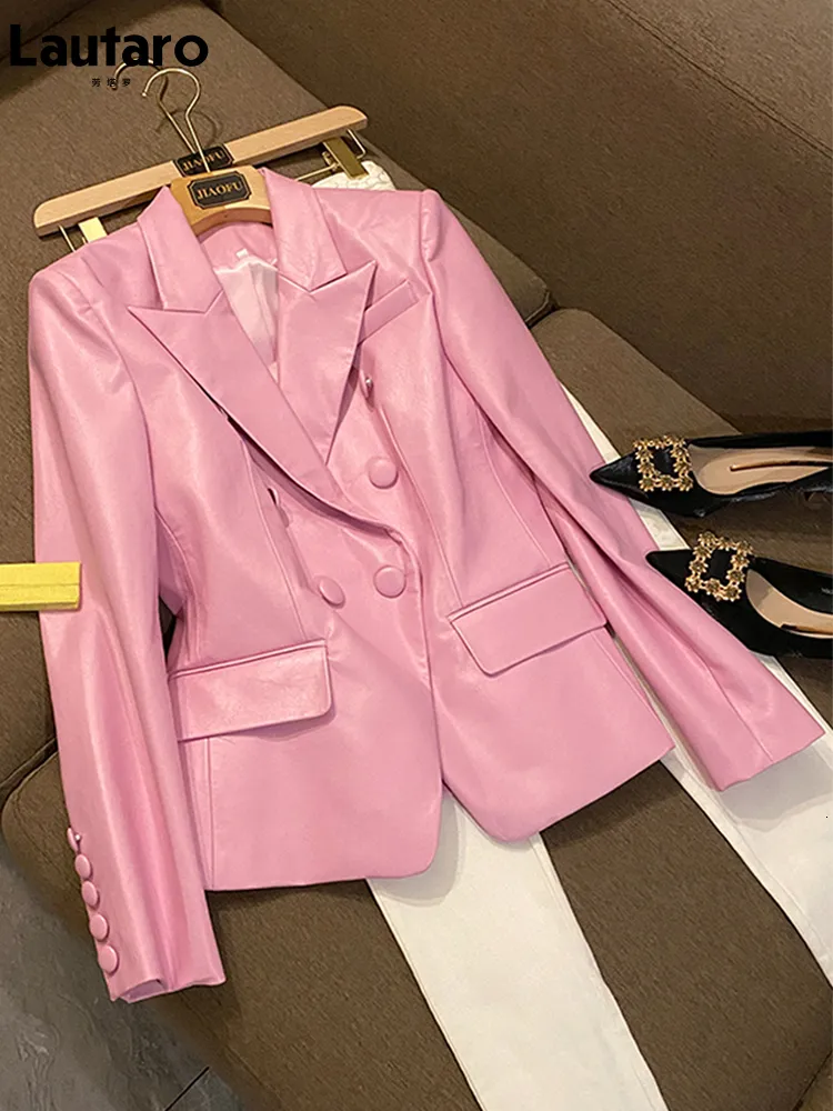 Vestes pour femmes Lautaro printemps élégant court rose doux en cuir PU Blazer à manches longues Slim Fit vestes de luxe pour les femmes mode élégante 5XL 230222