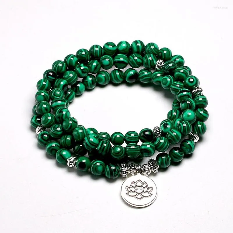 Strand Tybetańska 108 Mala Bransoletka Malachite Stone Kulki Bransoletki Joga Lotus Om Buddha 6 mm