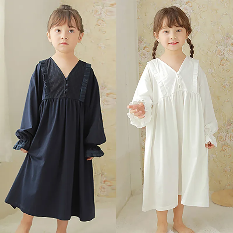 Pyjama Spring Kinderen meisje losse jurk prinses slaapkleding slaapshirts vintage v nek nachthoofd