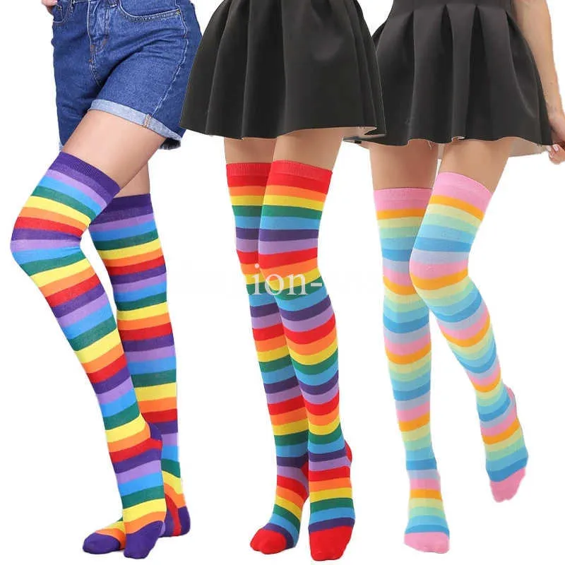 5PC Socks Hosiery Compression Socks Rainbow Over Knee High Tube Stockings Thigh High Spandex Cotton Warm Socks Women Long Stockings Z0221