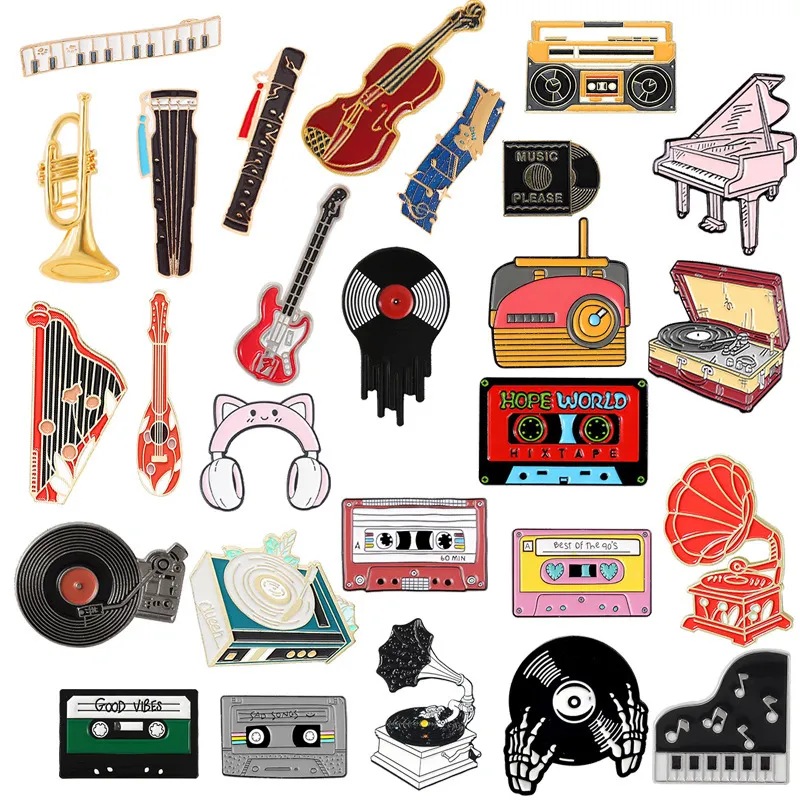 Creative Enamel Music Series Brooches Set Little Tape Radio Record Piano Model Badge Brooch for Men Women Kids Accessory Jewelry Gift