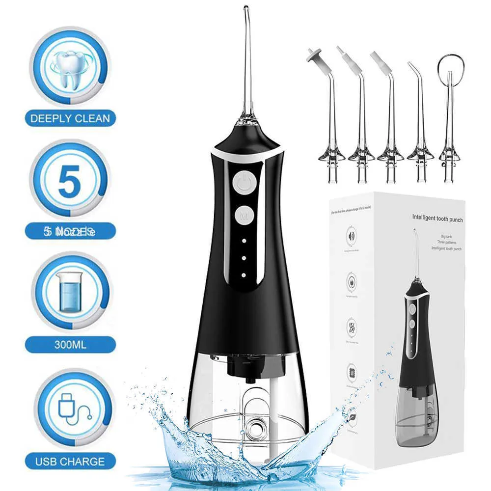 Portable Oral irrigator Water Flosser Dental Water Jet Tools Pick Cleaning Teeth 300ML 5 Nozzles Mouth Washing MachineFloss 230202