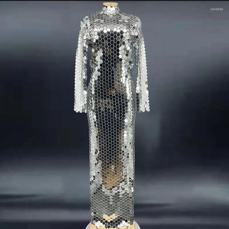 Stage Wear Shining Full Silver Mirrors Long Dress Women Birthday Prom Party Avond Celebried Rave Outfit Performance kostuum