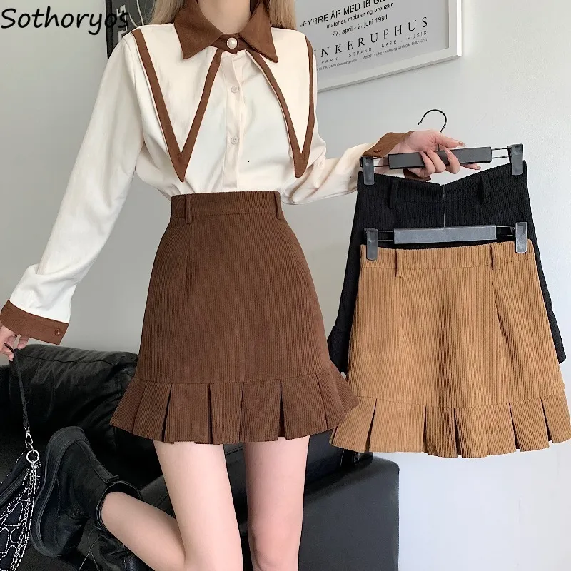 Casual Dresses Ruffles Mini Skirts Women Autumn Corduroy Pleated Tender Warm Thicken Classic Retro Solid High Waist Stylish A-lien Hipster Ins 230222