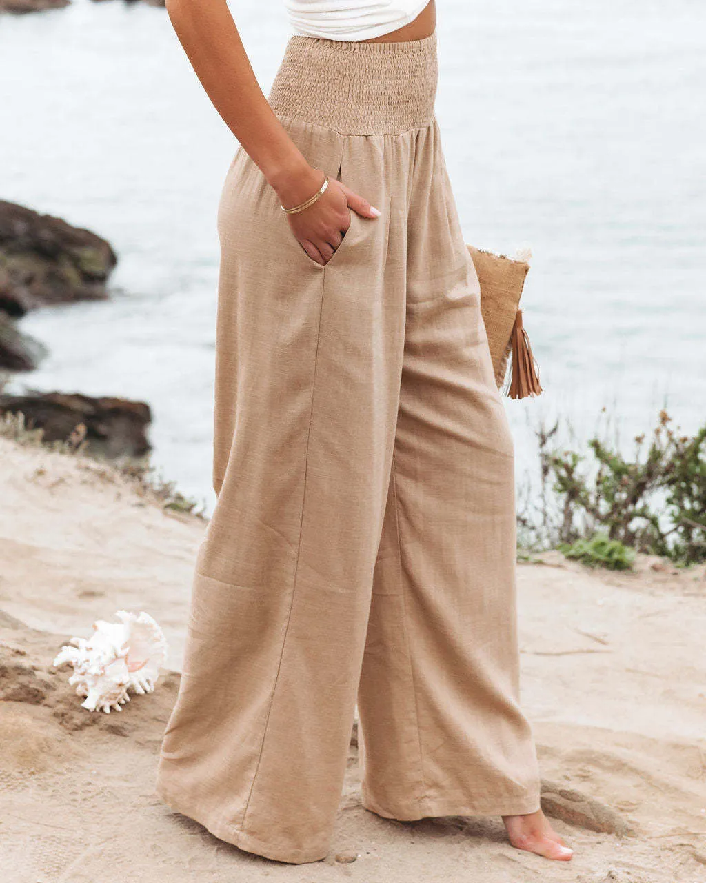 Pantalons pour femmes Capris été coton lin Style femmes pantalons longs amples loisirs couleur unie taille haute froncé plage pantalon large avec poche 230222