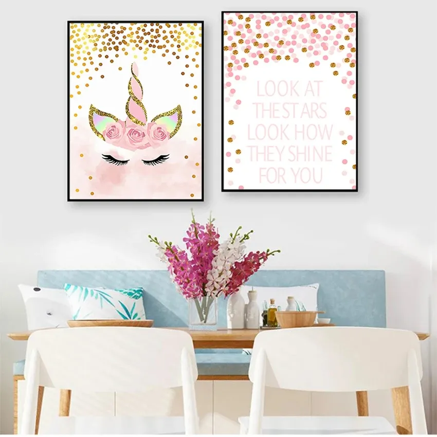 Obrazy dekoracyjne Dekoracja sypialni dziewczynki różowy jednorożec Cytaty sztuki płótno na płótnie.