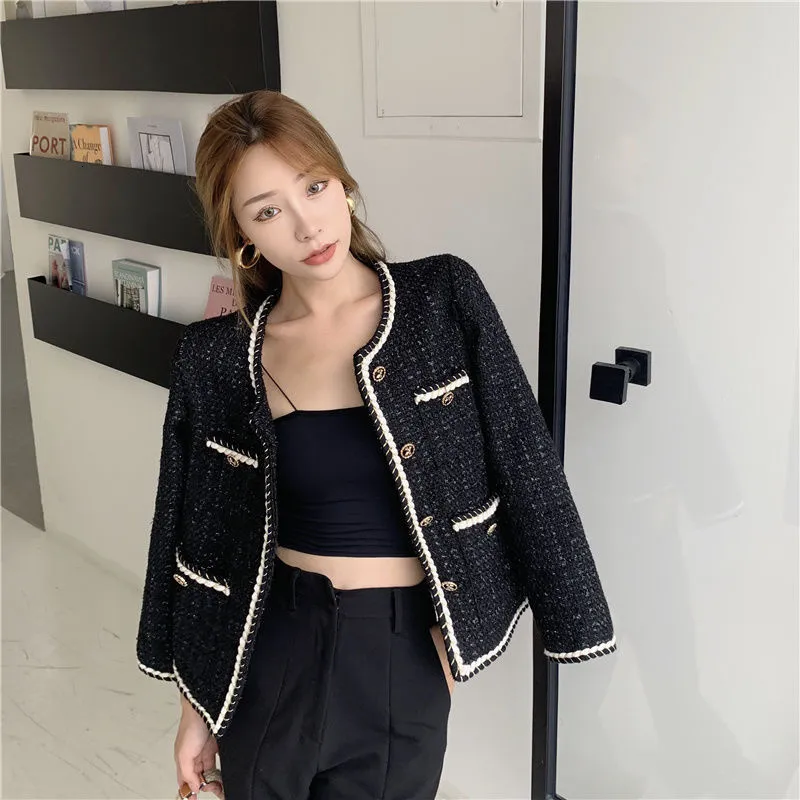 Tweed Jacket: Womens Cropped Round Neck Coat - Stylish