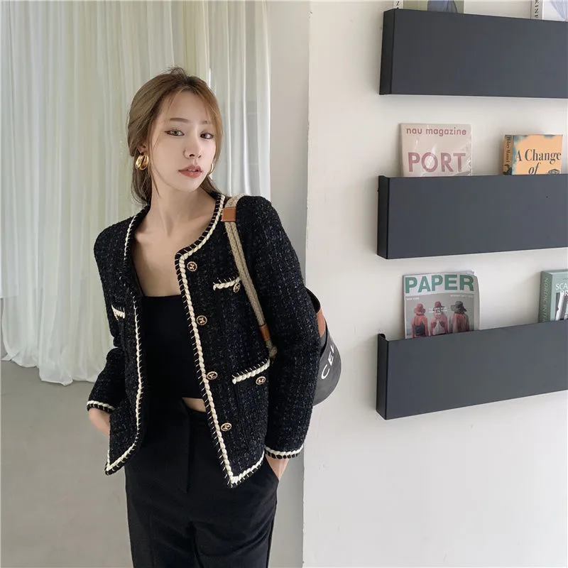 Tweed Jacket: Womens Cropped Round Neck Coat - Stylish