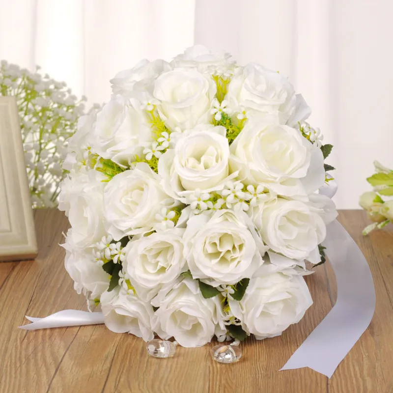 ウェディングフラワー花嫁シルクの手のための人工ヴィンテージウェディングブーケ花柄の結婚式のブライダルブーケアクセサリーホワイトバラ