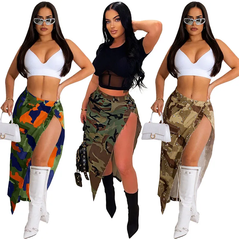 Women's Camouflage Cowboy Skirt Sexy Washed Split Tassel Pockets High Waist Mid-calf Skirts Female Autumn