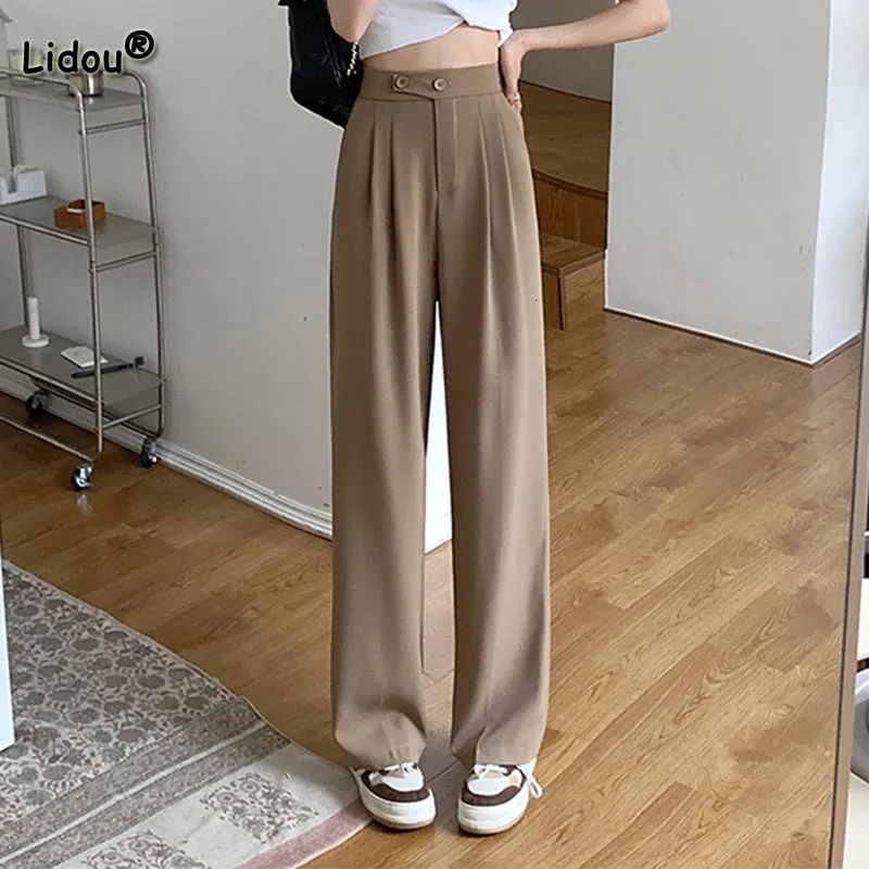 Women's Pants Capris Fashion Pockets Solid Drape Suit Pants Spring Summer Korean Button High Waist Loose Wide Leg Mopping Trousers Trend Women 230222