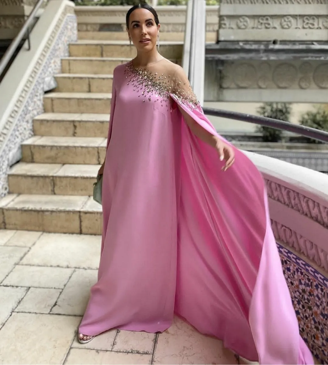 Vintage Long O-Neck P￤rlad aftonkl￤nning Cape Pink Muslim Abendkleider Prom Formal Party Gl￤nningar Pageant Wear Custom Made Robe de Soiree