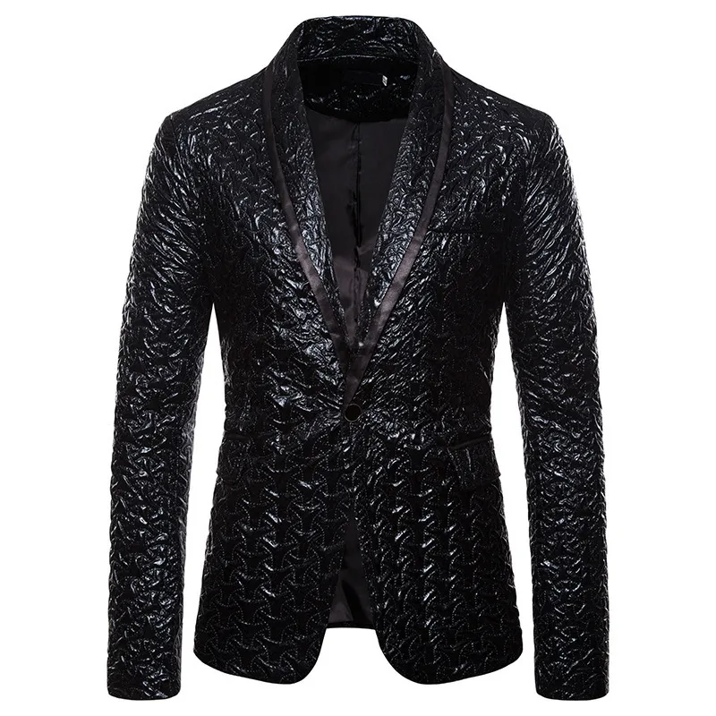 Abiti da uomo Blazer Nero Jacquard Bronzing Giacca Blazer Collo a scialle One Button Uomo Party Wedding Stage Cantante Costume Homme XXL 230222