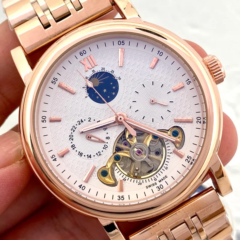 business Luxury mens watch mechanical automatic moon phase daydate designer wristwatches Top brand Full Stainless Steel band watches for men Father