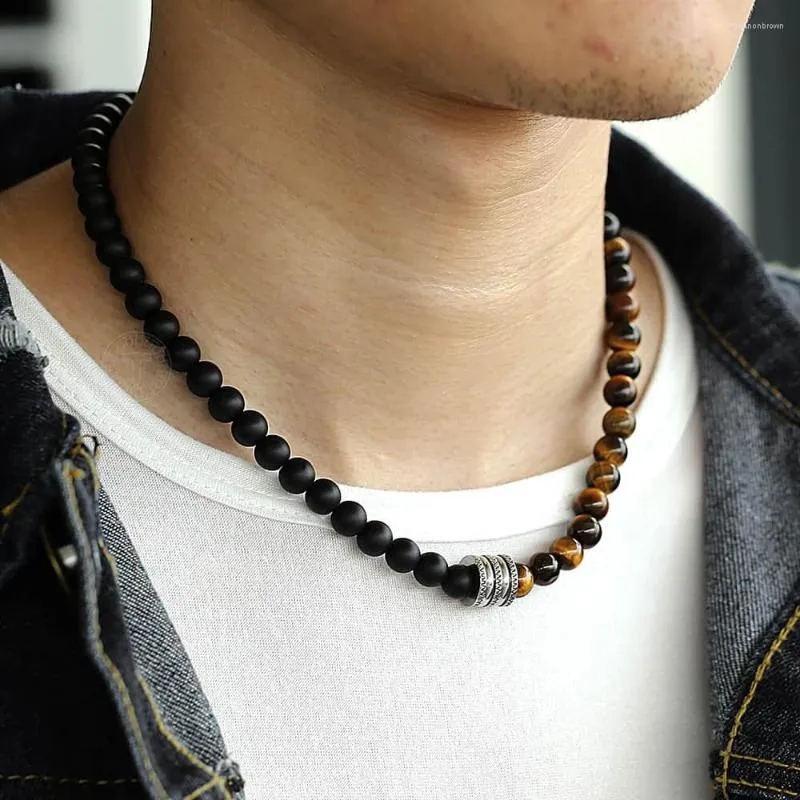 Choker Natural Tiger Eyes Stone Bead Necklace For Men Women Stainless Steel Charm Black Glass Toggle Clasp DTNB00101A