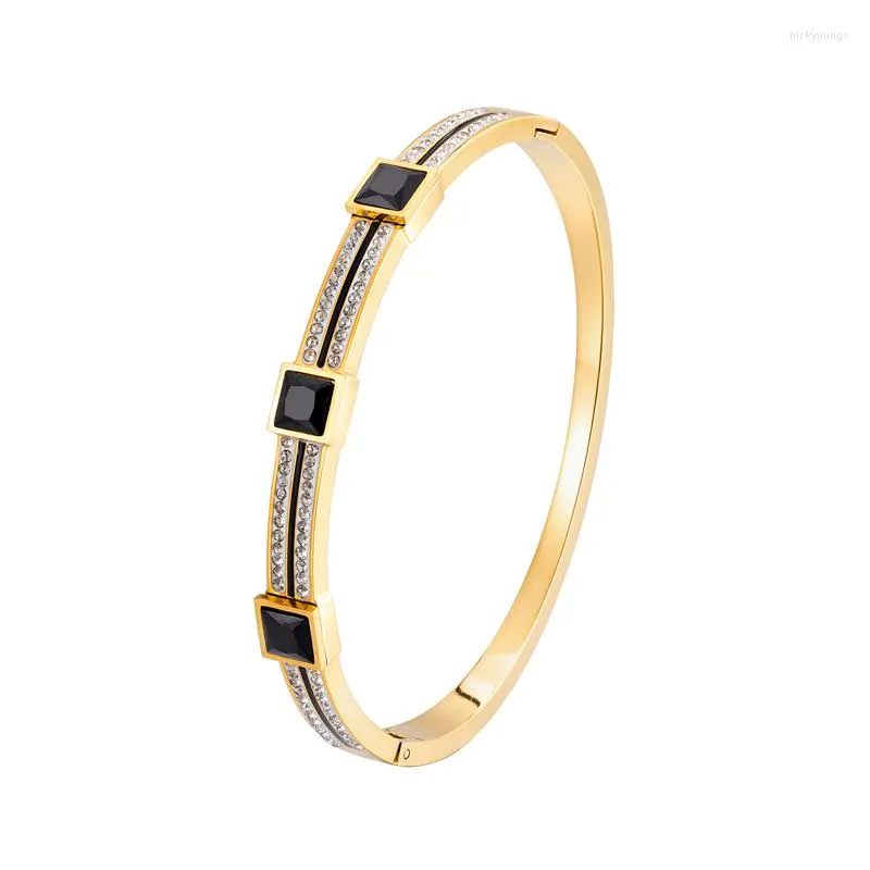 Bracciale leggero di lusso con tre gemme nere e due file di bracciale in cristallo per donna, amore, regalo di nozze, gioielli all'ingrosso