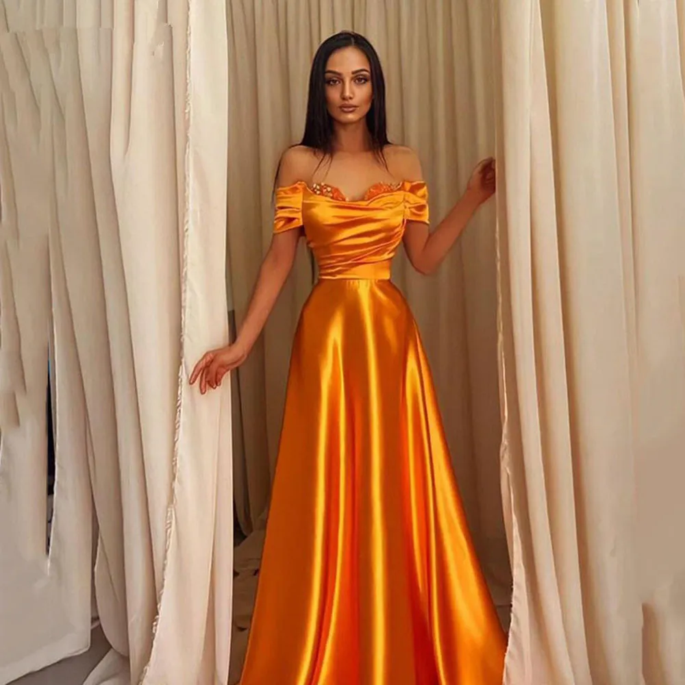 Orange Simple Soft Satin Evening Formal Dresses Beaded Sweetheart Off the Shoulder Pleated Sequin Special Endan Beach Prom Party Dress