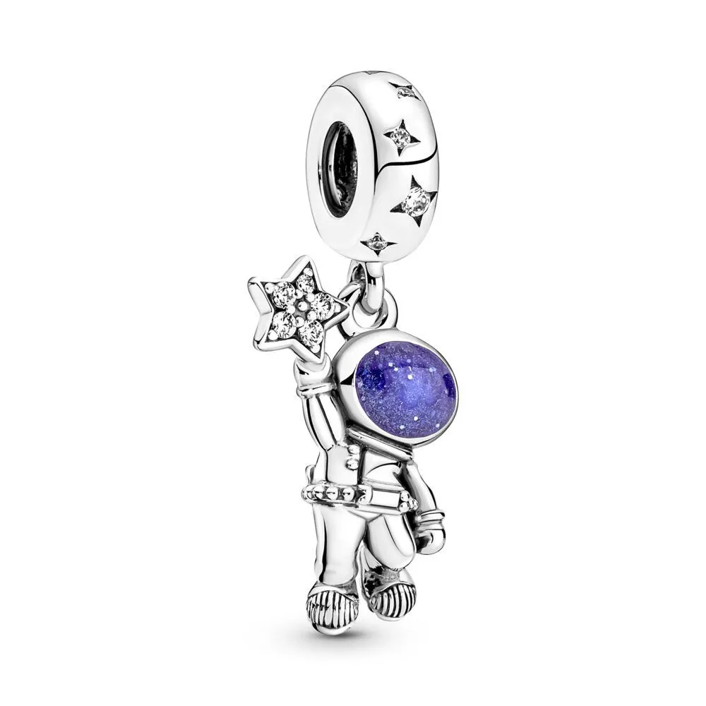 925 Pounds Silver New Fashion Charm Astronaut Silver Pendant, Star Bead, Compatible with Original Bracelet, Female Jewelry, DIY Gift, Blue Galaxy Series