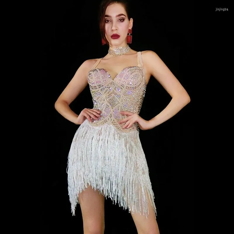 Stage Wear Sexy White Fringes Rhinestones Dress Women Birthday Celebrate Party Outfit Dance Costume Bar Show Performance