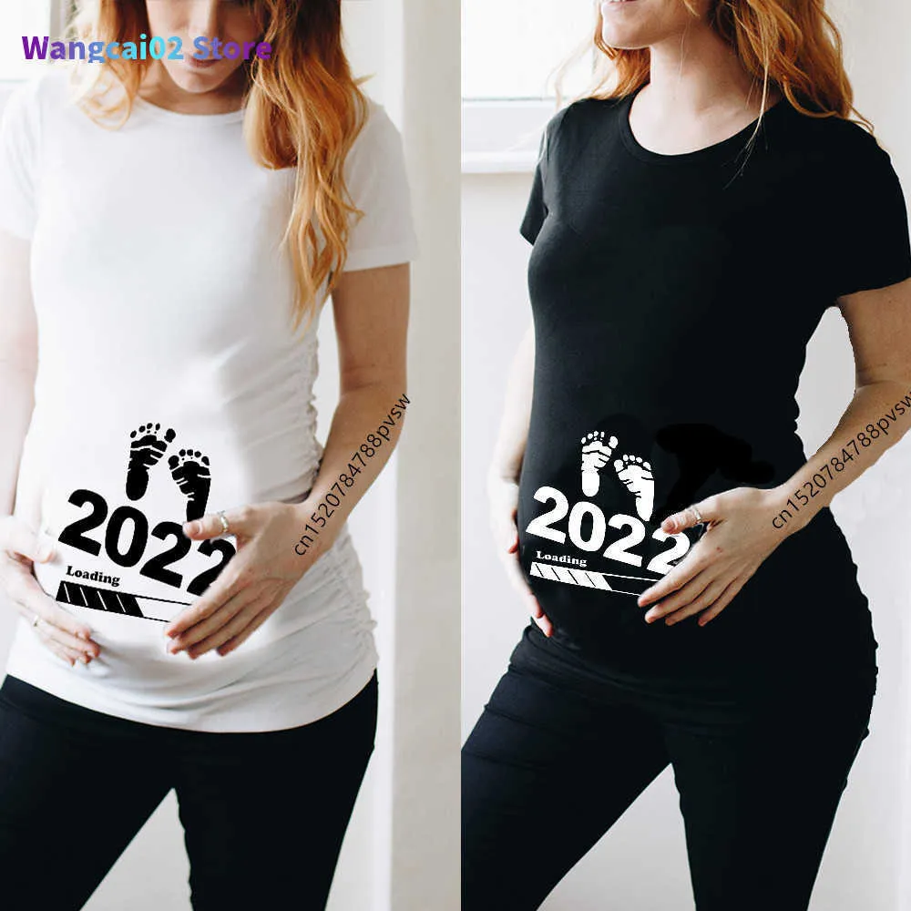 Women's T-Shirt Baby Loading 2022 Women Printed Pregnant T Shirt Girl Maternity Short Sleeve Pregnancy Announcement Shirt New Mom Clothes 022223H