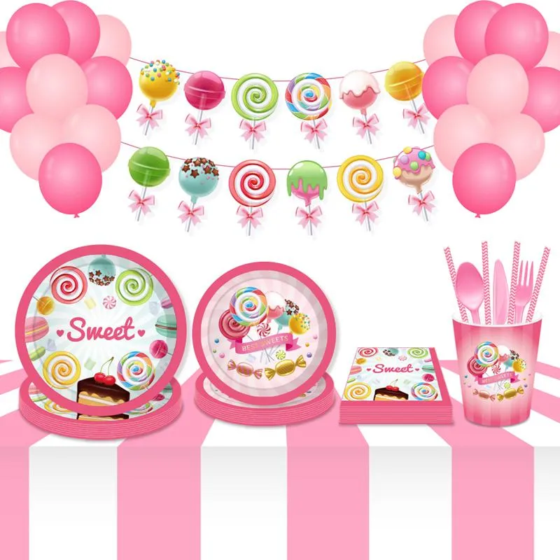 Disposable Dinnerware OENY Sweet Lollipop Girls Birthday Party Decorations Balloon Paper Cups Plates Baby Shower Tableware Set Supplies