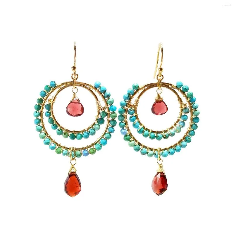 Dangle Earrings Lii Ji Natural Turquoise Garnet 14K Gold Filled Bohemia Big Fashion Delicate Jewelry