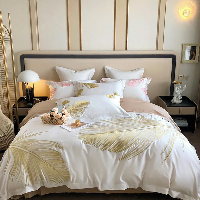 Gold Feather Embroidery Bedding Set Luxury White Egyptian Cotton Quilt Duvet Cover Set Bed Sheet Linen Pillow Shams Bedclothes Hom269P