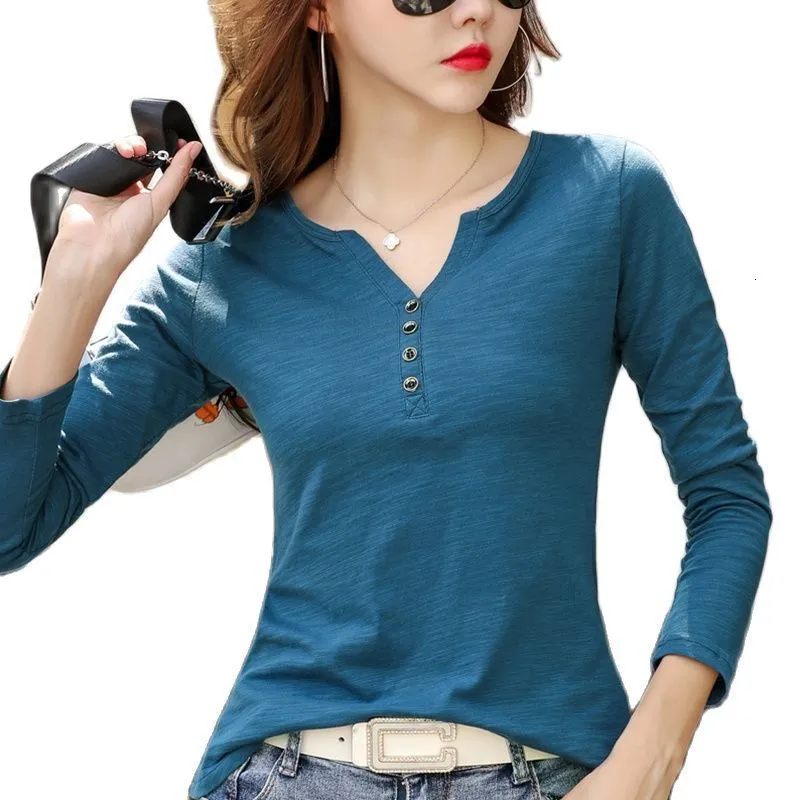 Women's Knits Tees TuangBiag Spring Long Sleeve Button V-Neck Bamboo Cotton T-Shirt Women Loose Fashion Brand T Shirt Lady Simple Casual Tops 230222