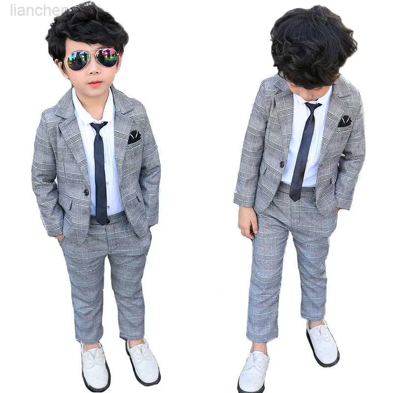 Kledingsets formele kinderen plaid jurk set set boy bruiloft feest catwalk piano optreden komen kinderen plaid blazer broeken kleding sets w0222