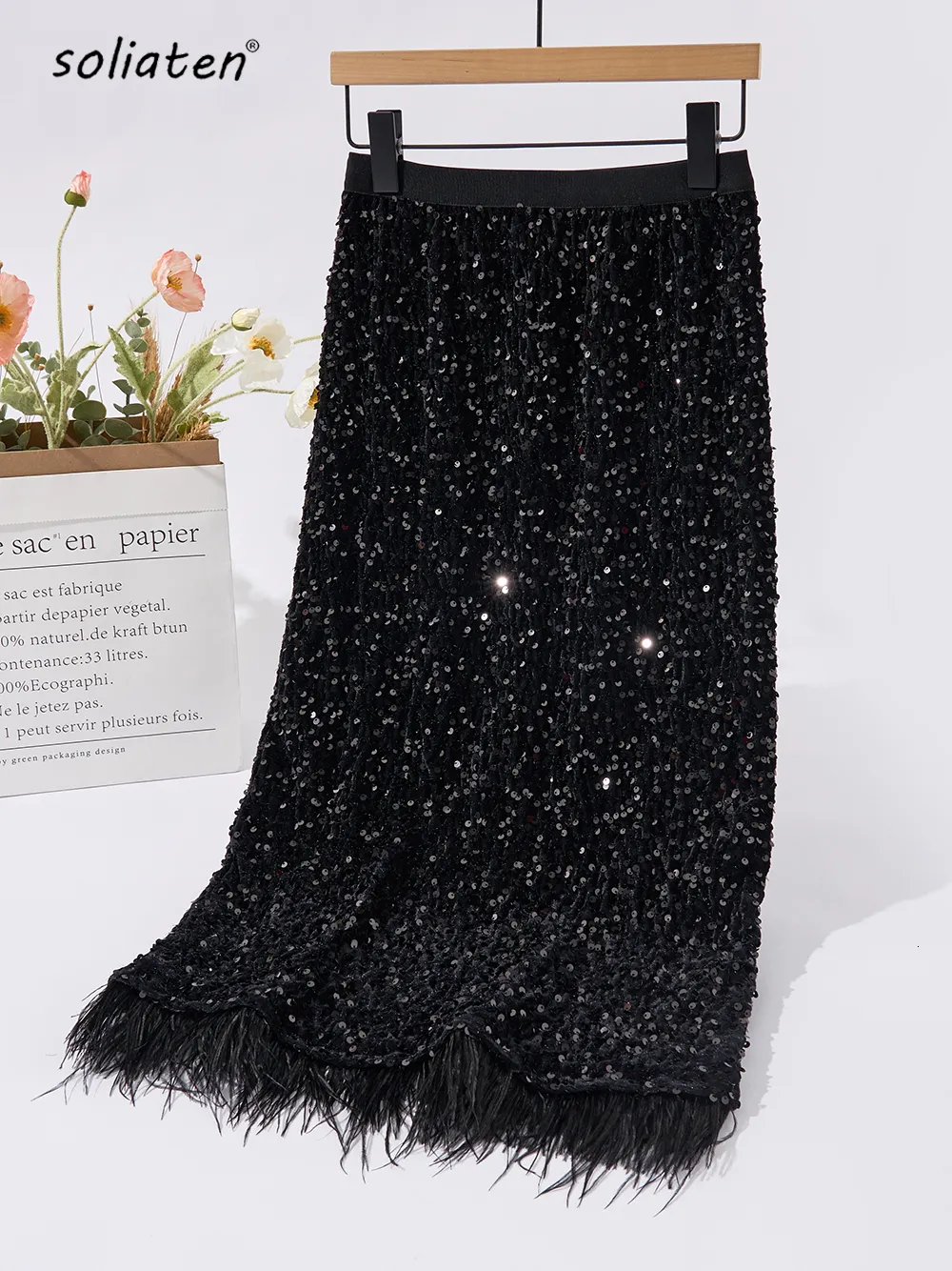 Casual Dresses Women Black Sequined Feather Skirt Fall Winter Party Hip Skirt Slim Festival Female Chic Bottoms C-214 230222